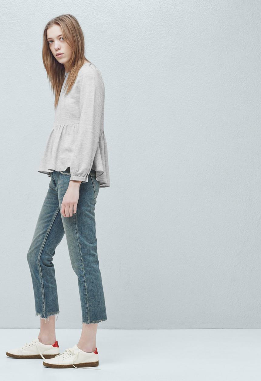 MANGO - Fluted Hem Blouse Pale Grey