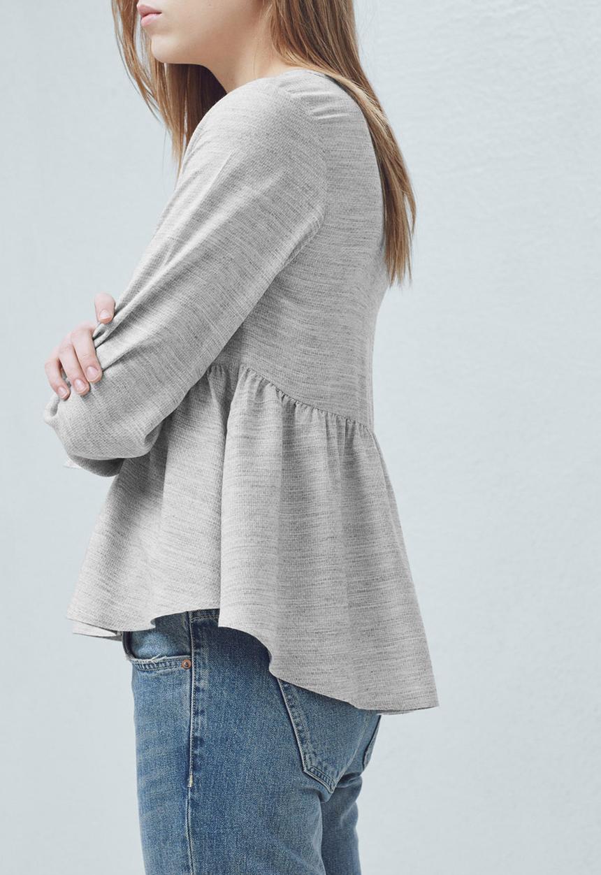 MANGO - Fluted Hem Blouse Pale Grey