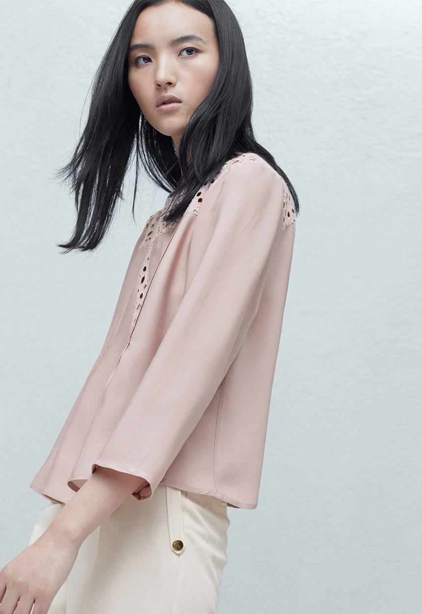 MANGO - Anglaise Detail Blouse Pale Pink