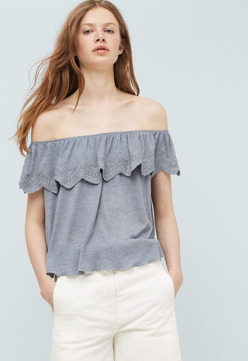MANGO - Embroidered Off-the-shoulder Ruffle Top Grey