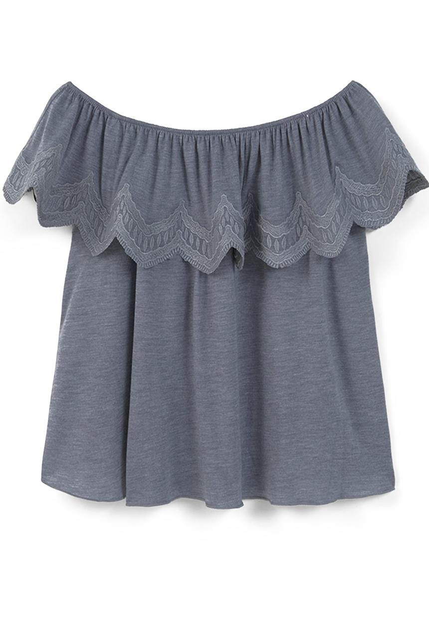 MANGO - Embroidered Off-the-shoulder Ruffle Top Grey