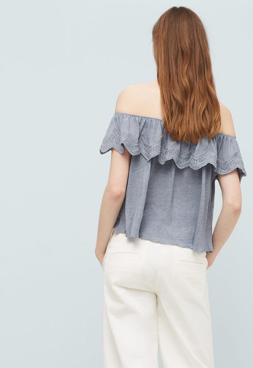 MANGO - Embroidered Off-the-shoulder Ruffle Top Grey