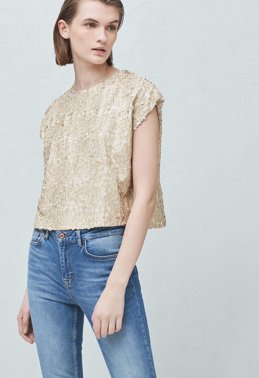 MANGO - Sequined Boxy Tee Gold