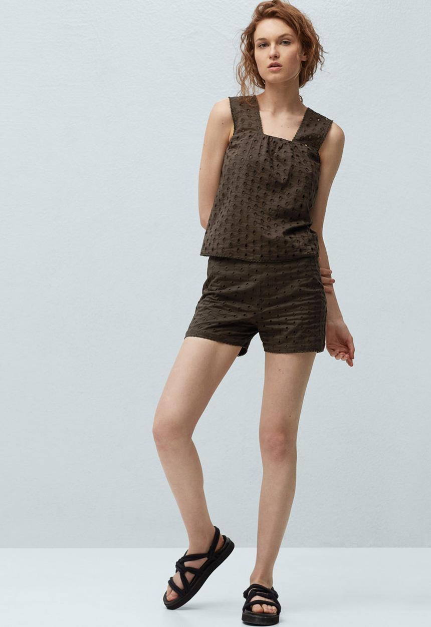 MANGO - Embroidered Top Khaki Green