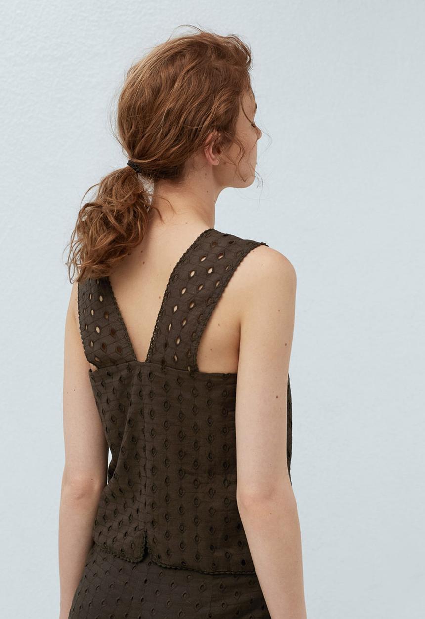 MANGO - Embroidered Top Khaki Green