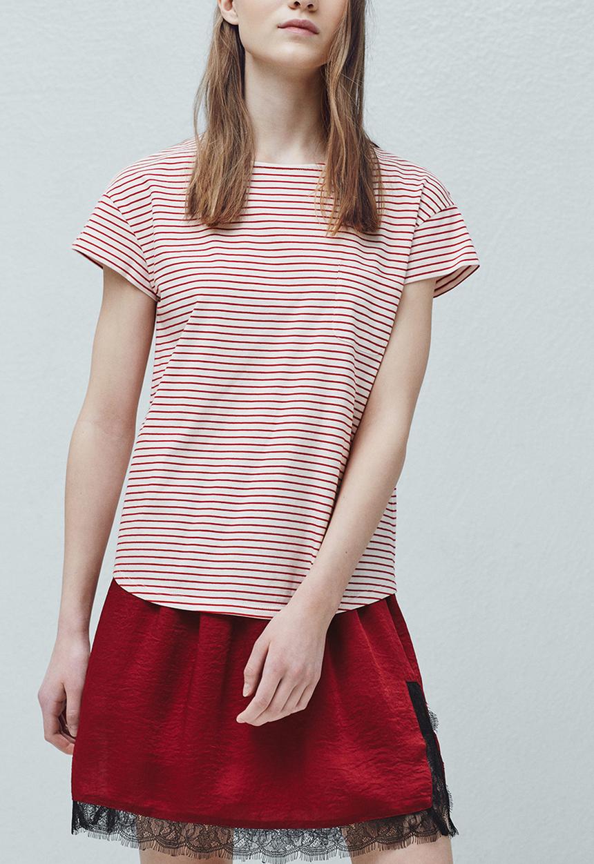 MANGO - Striped Cotton T-Shirt Red