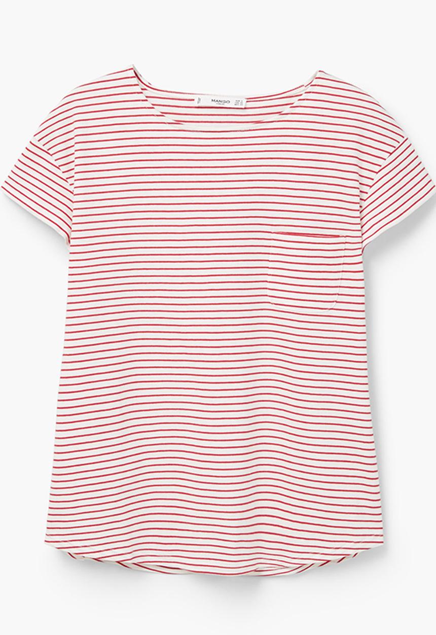 MANGO - Striped Cotton T-Shirt Red