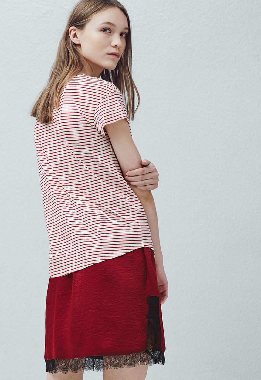 MANGO - Striped Cotton T-Shirt Red
