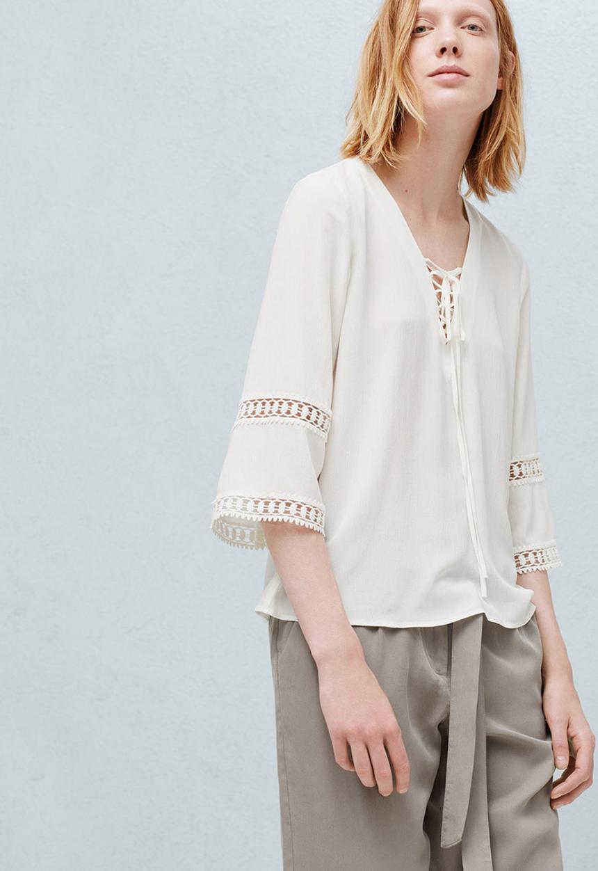 MANGO - Openwork Trim Blouse Off White