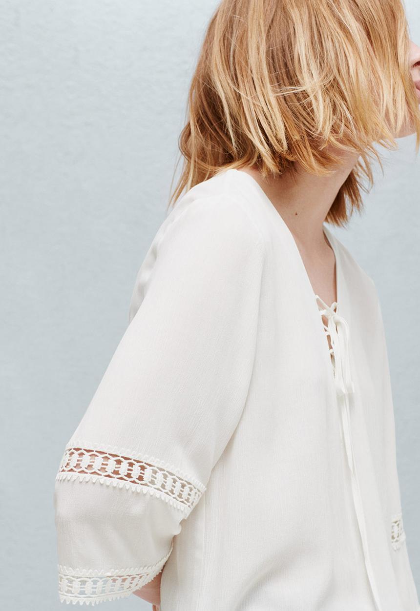 MANGO - Openwork Trim Blouse Off White