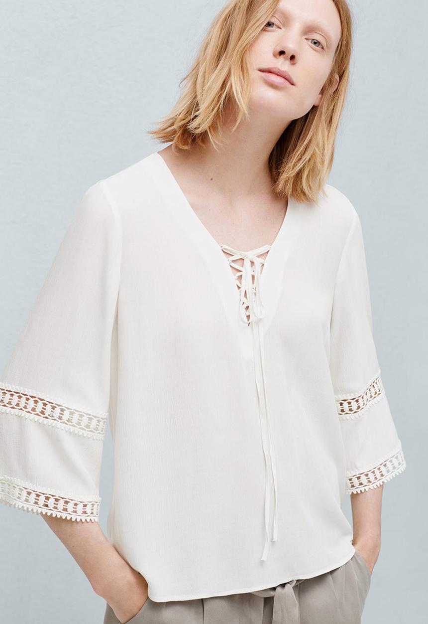 MANGO - Openwork Trim Blouse Off White