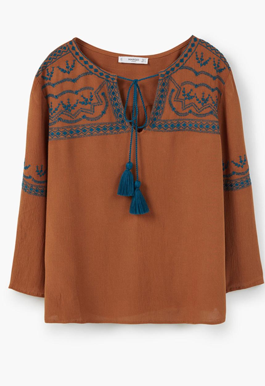 MANGO - Embroidered Blouse Tan