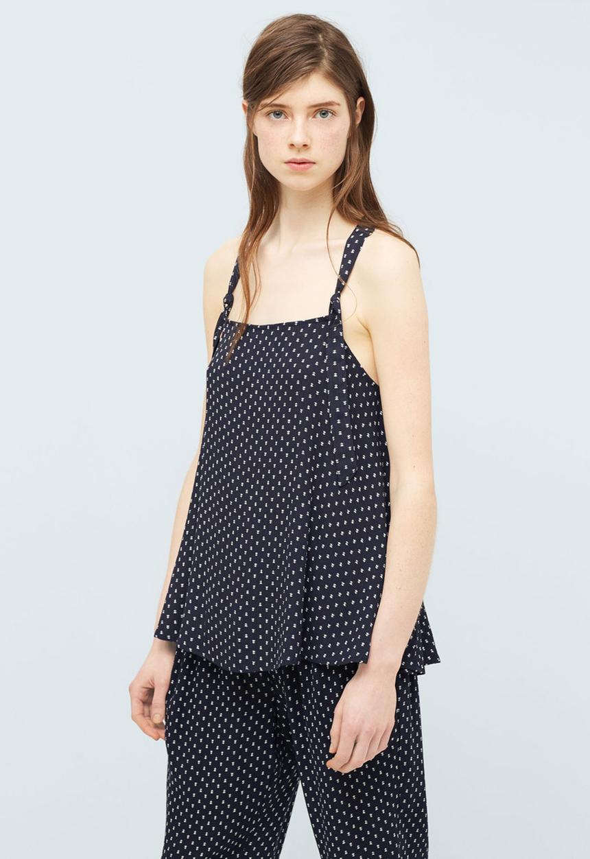 MANGO - Printed Knot Detail Flare Hem Top Navy