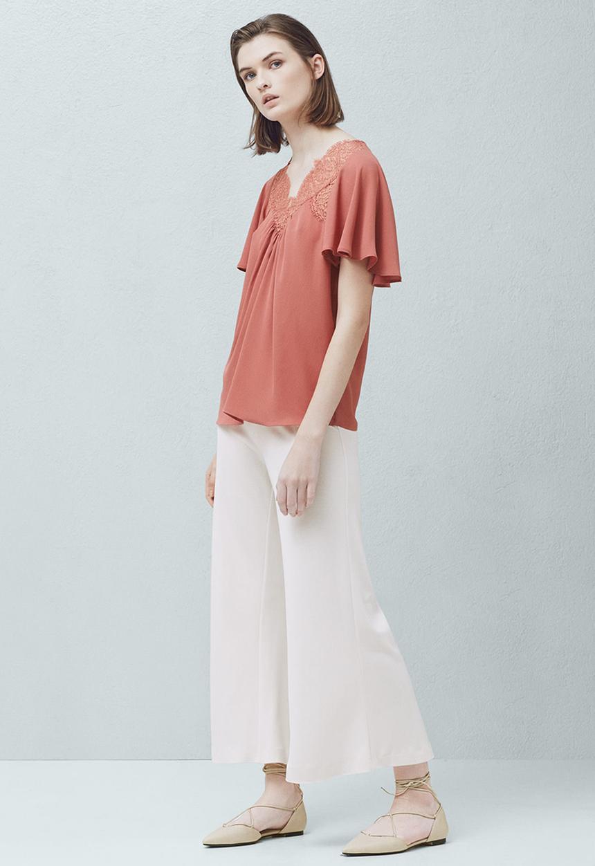 MANGO - Lace Detail Blouse Coral