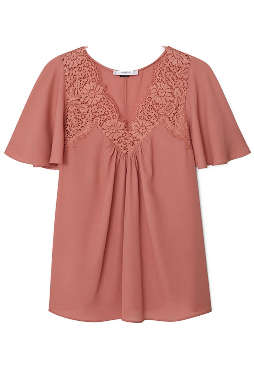 MANGO - Lace Detail Blouse Coral