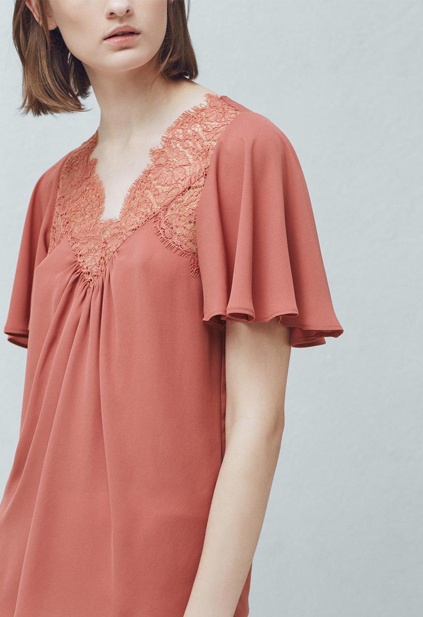 MANGO - Lace Detail Blouse Coral