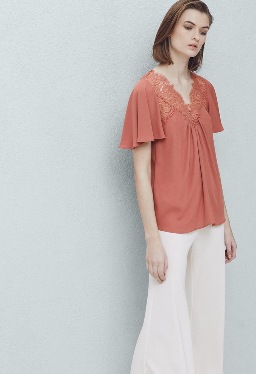 MANGO - Lace Detail Blouse Coral