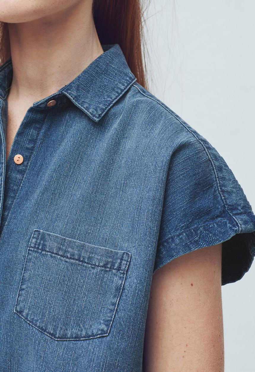MANGO - Short Sleeve Denim Shirt Dark Blue