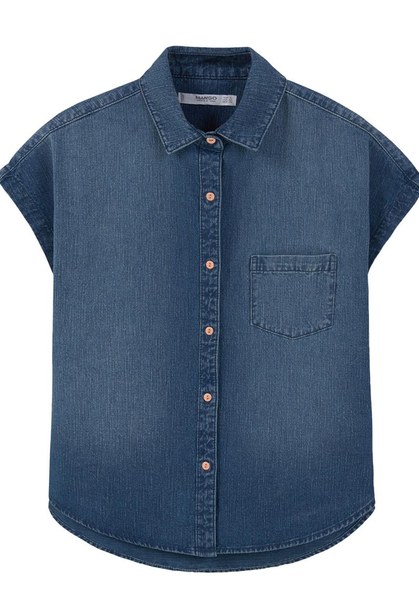 MANGO - Short Sleeve Denim Shirt Dark Blue