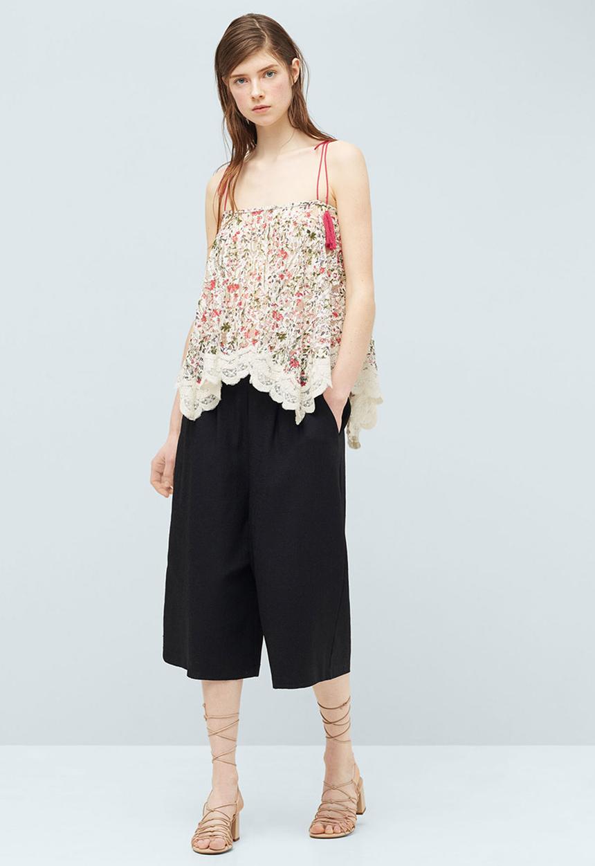 MANGO - Floral Print Lace Trim Top Multi-colour