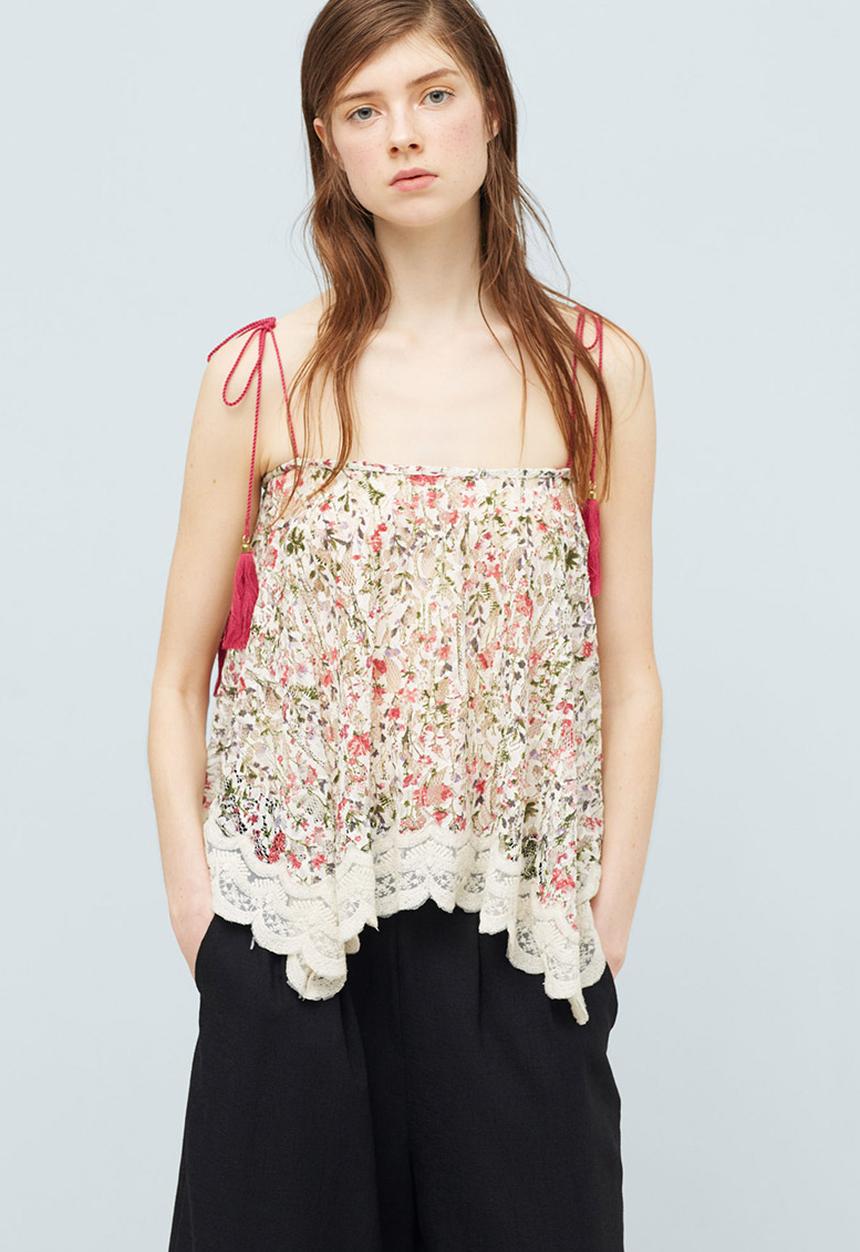 MANGO - Floral Print Lace Trim Top Multi-colour