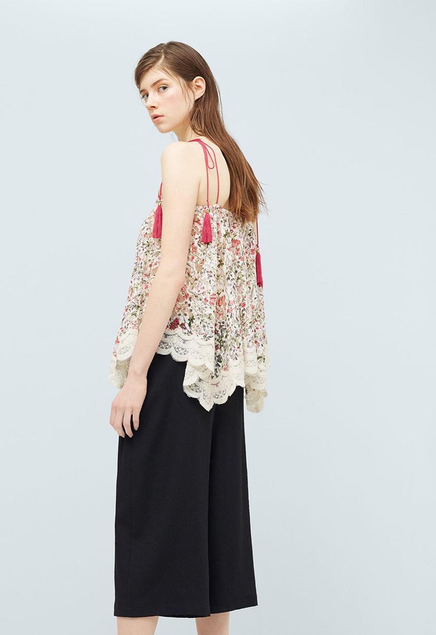 MANGO - Floral Print Lace Trim Top Multi-colour