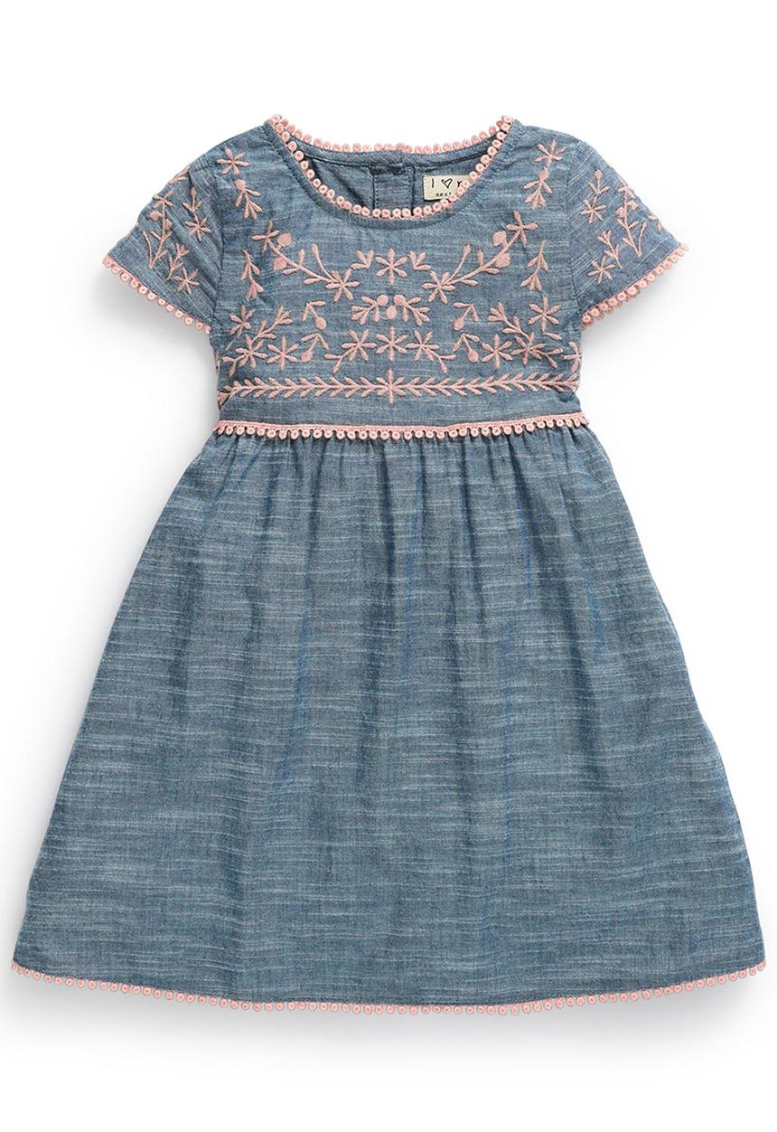Next - Chambray Embroidered Dress Mid Blue