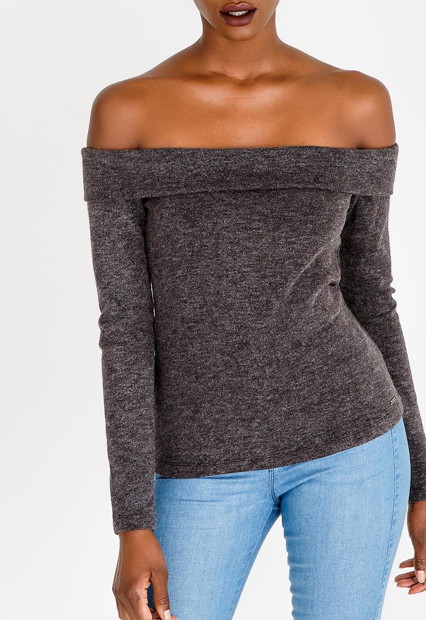 SISSY BOY - Slouchy Bardot Top Charcoal