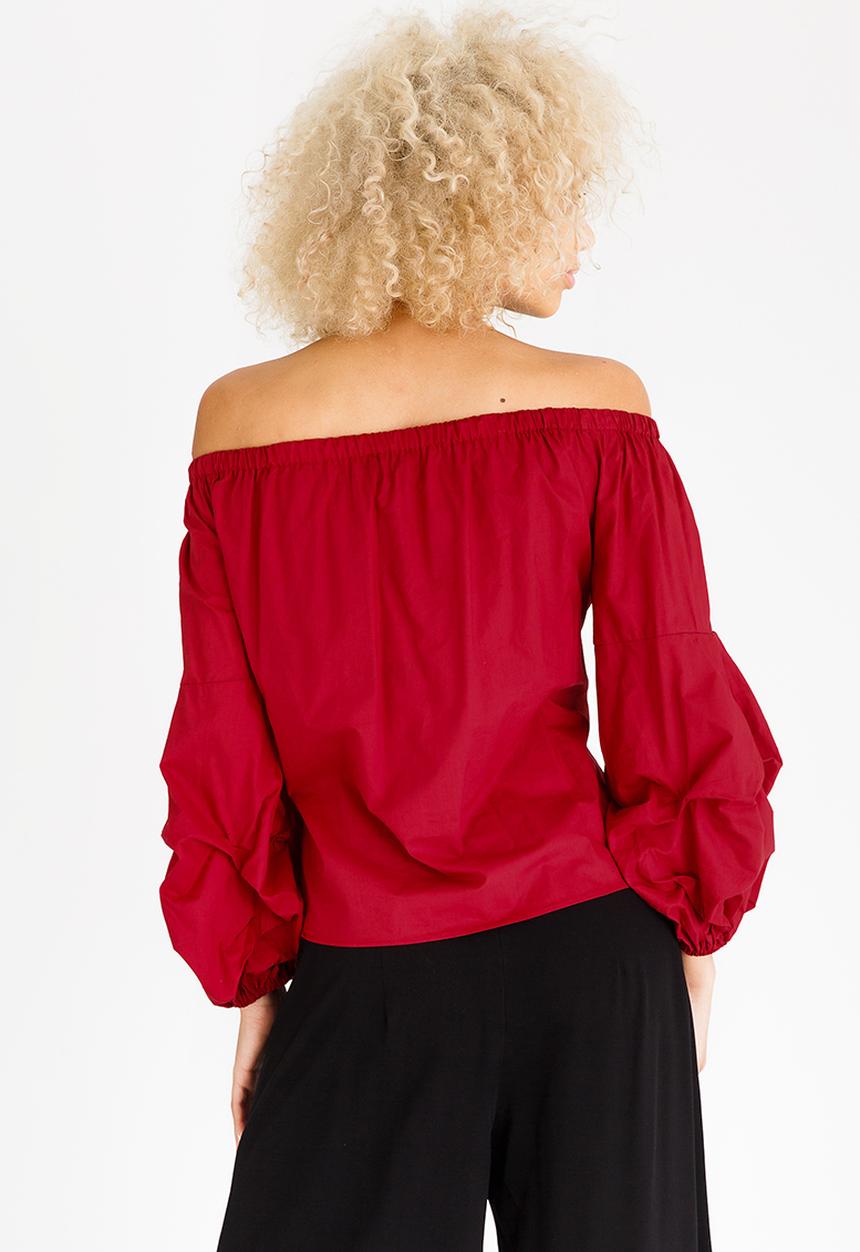STYLE REPUBLIC - Ruched Sleeve Bardot Blouse Dark Red