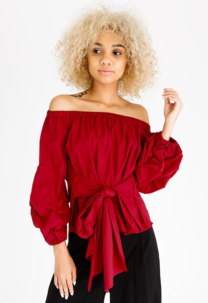 STYLE REPUBLIC - Ruched Sleeve Bardot Blouse Dark Red