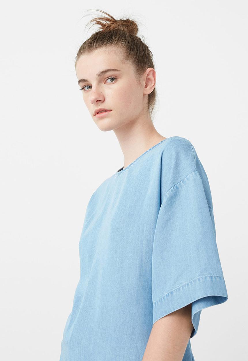 MANGO - Denim Bow Detail Soft Blouse Pale Blue