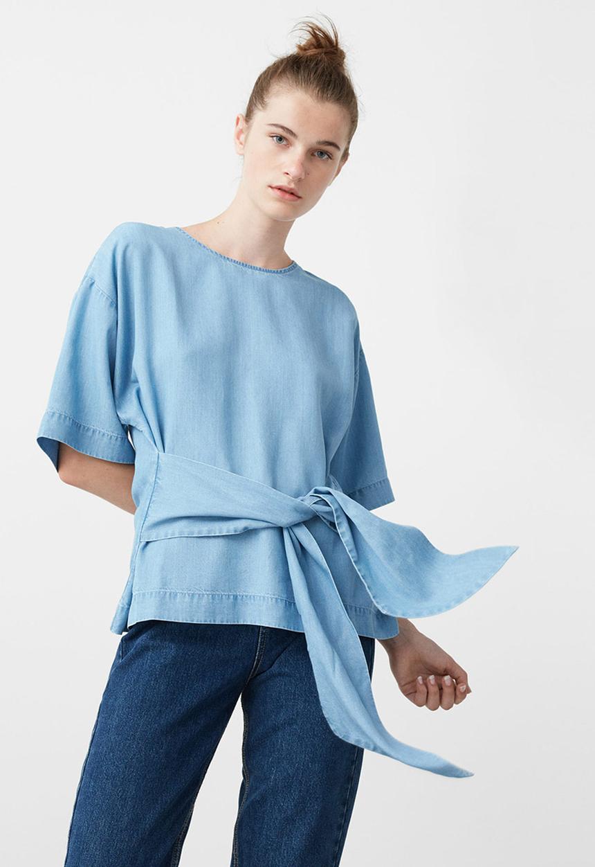 MANGO - Denim Bow Detail Soft Blouse Pale Blue