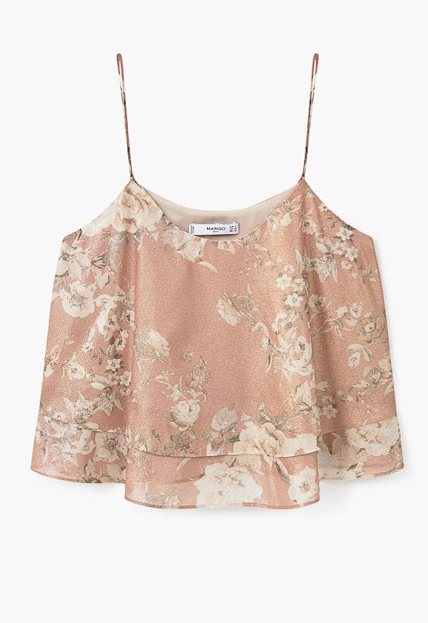 MANGO - Floral Print Frill Top Pale Pink