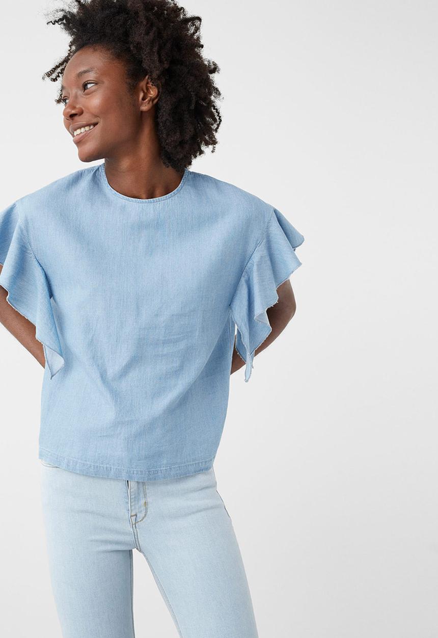 MANGO - Frilled Denim Top Blue