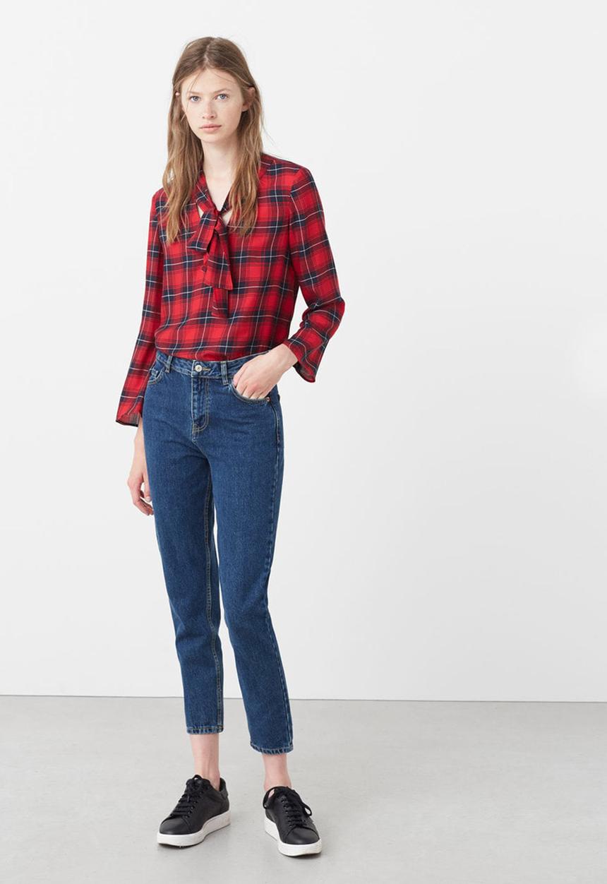 MANGO - Plaid Front-tie Blouse Red