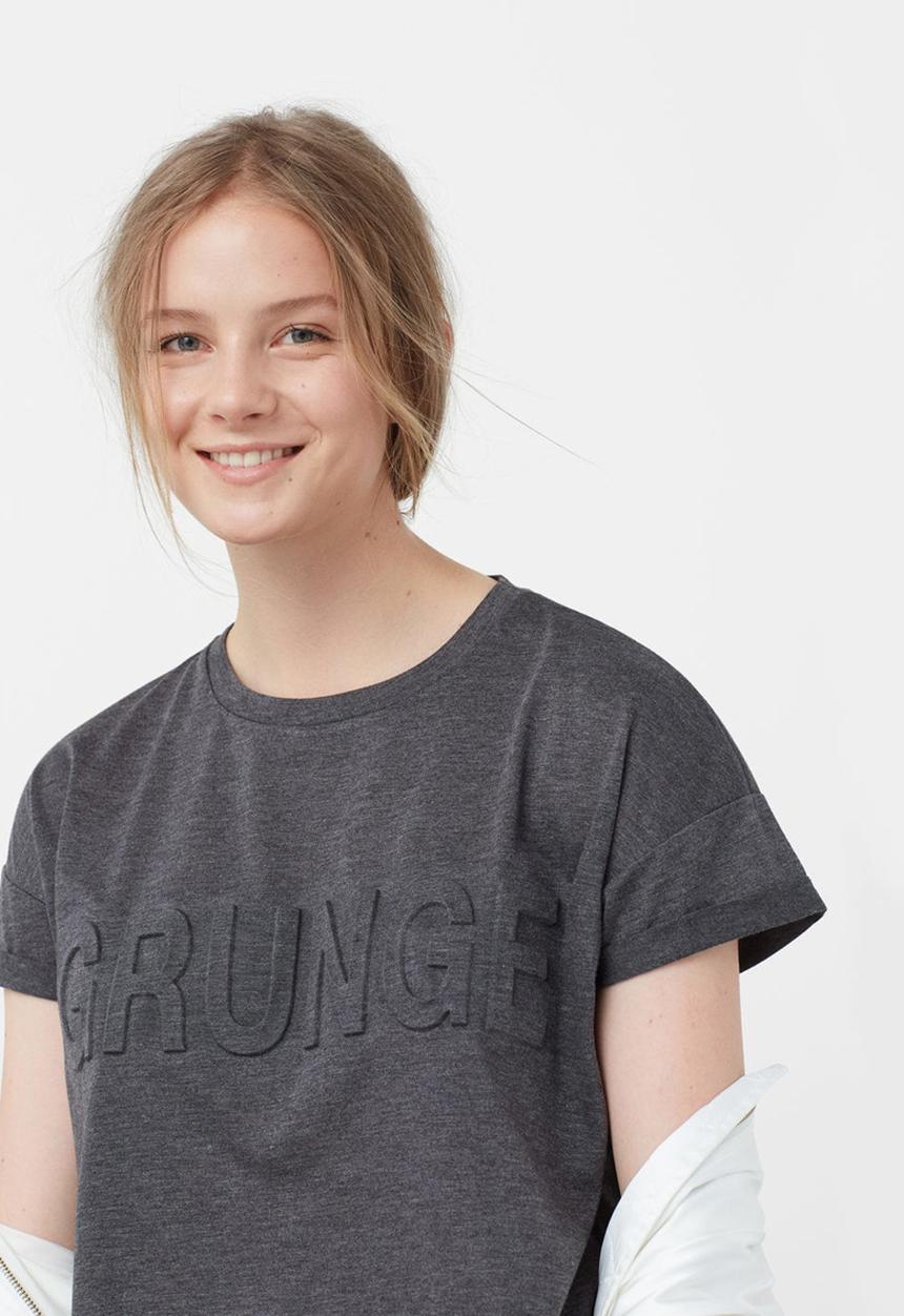 MANGO - Embossed Cotton T-shirt Dark Grey