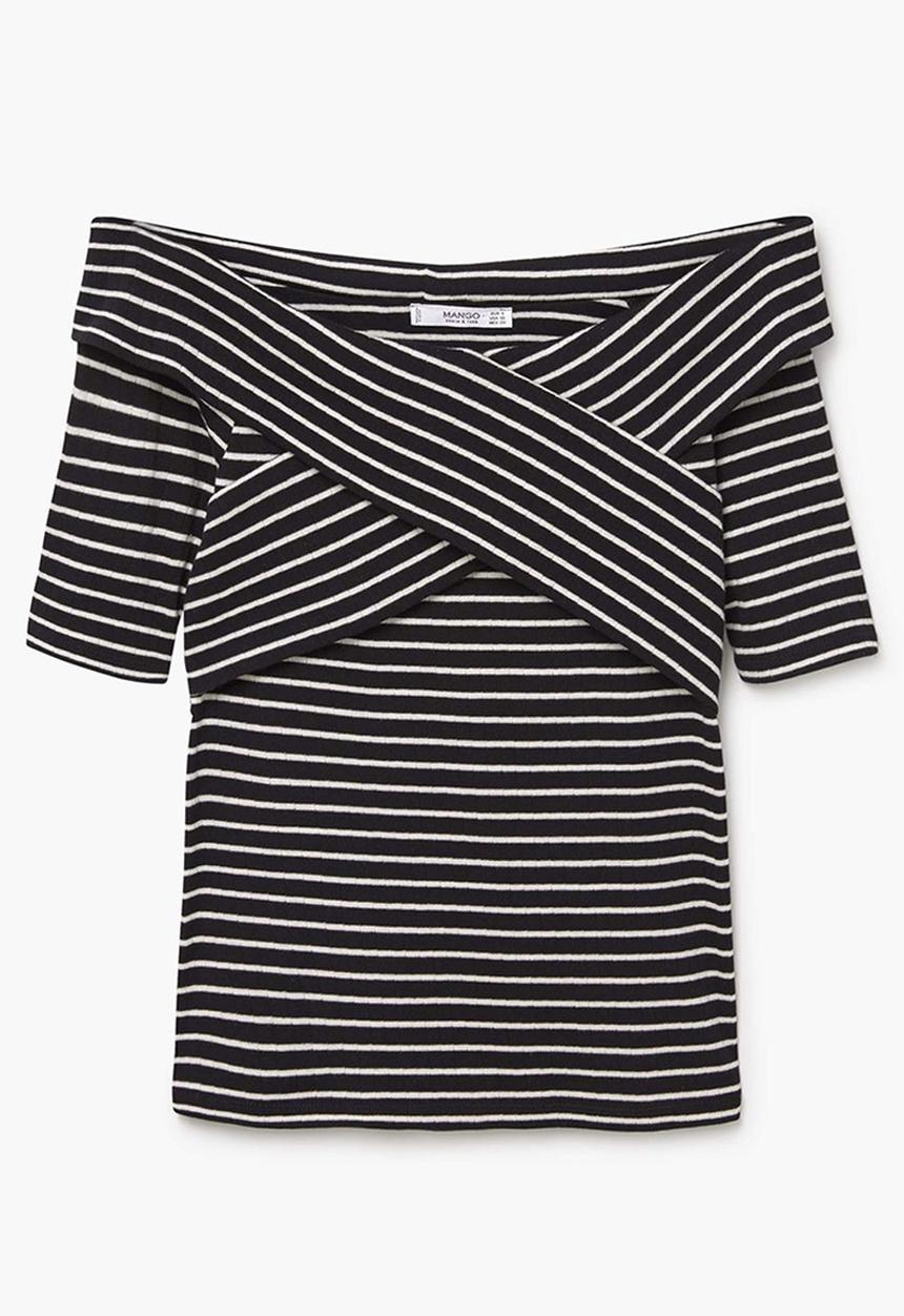MANGO - Off-the-shoulder Wrap Top Black and White