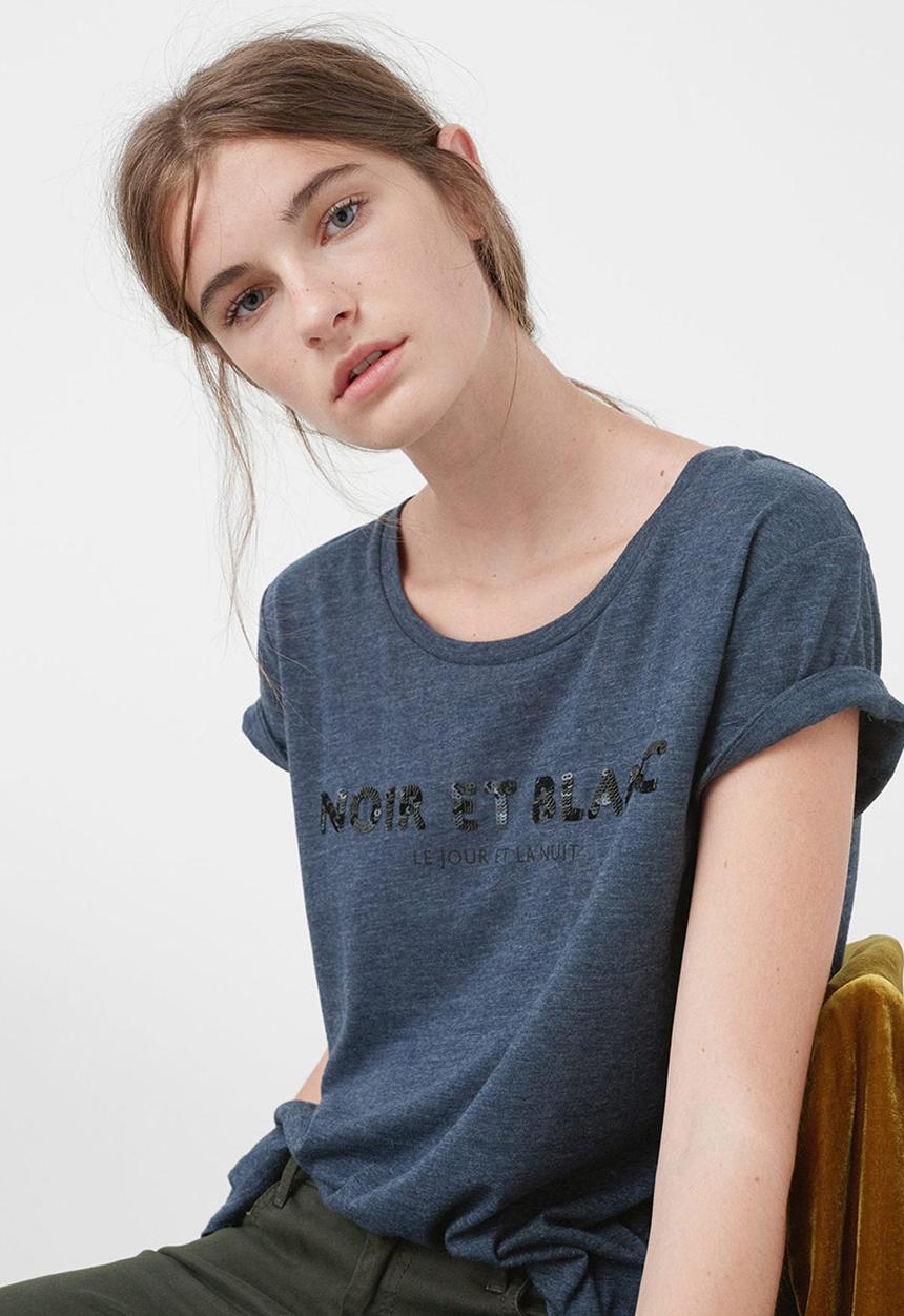 MANGO - Sequined Detail T-shirt Navy