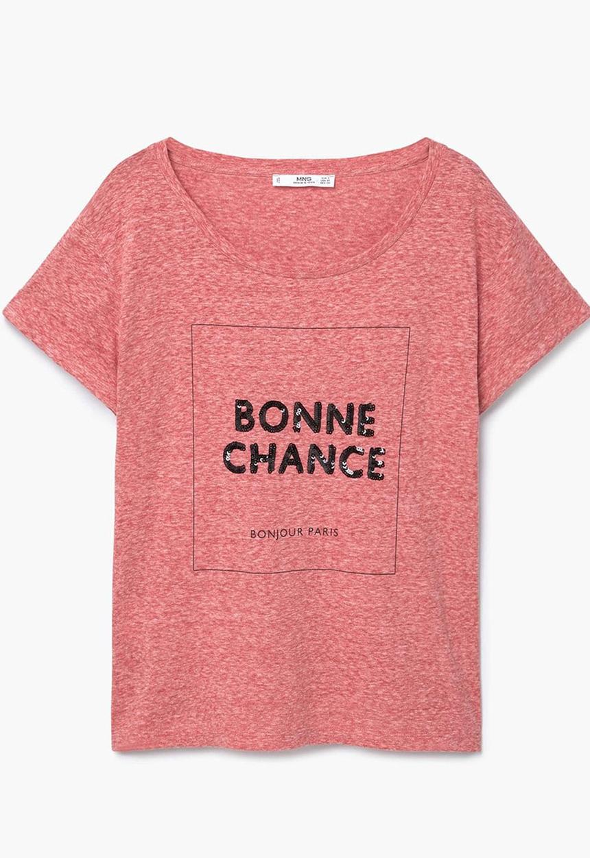 MANGO - Sequined Detail T-shirt Coral