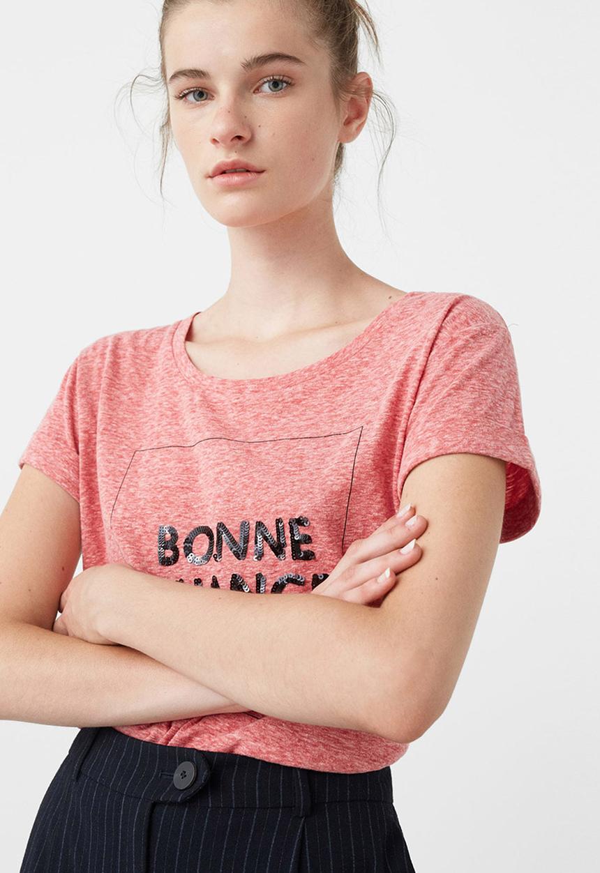 MANGO - Sequined Detail T-shirt Coral