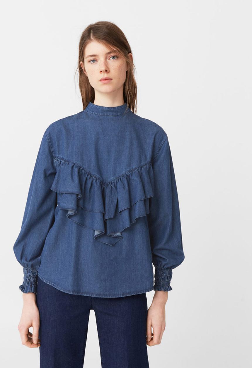 MANGO - Frilled Denim Shirt Mid Blue