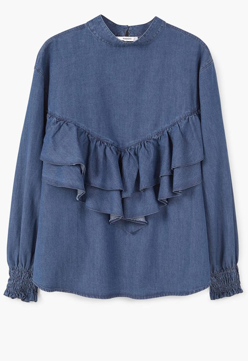 MANGO - Frilled Denim Shirt Mid Blue