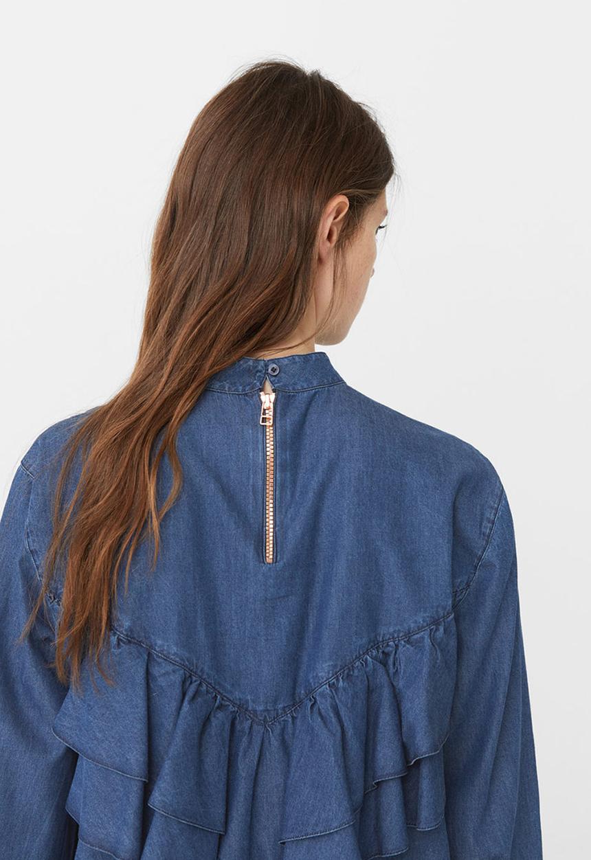 MANGO - Frilled Denim Shirt Mid Blue