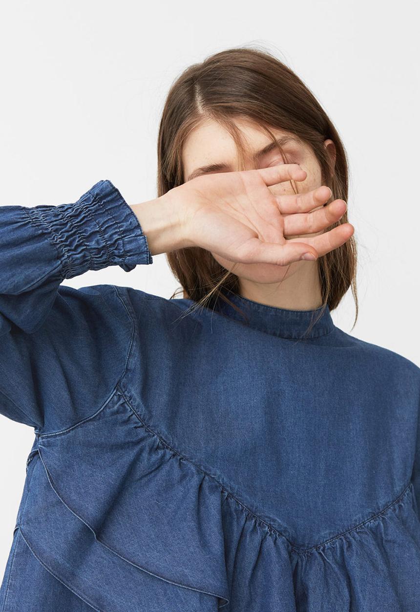 MANGO - Frilled Denim Shirt Mid Blue