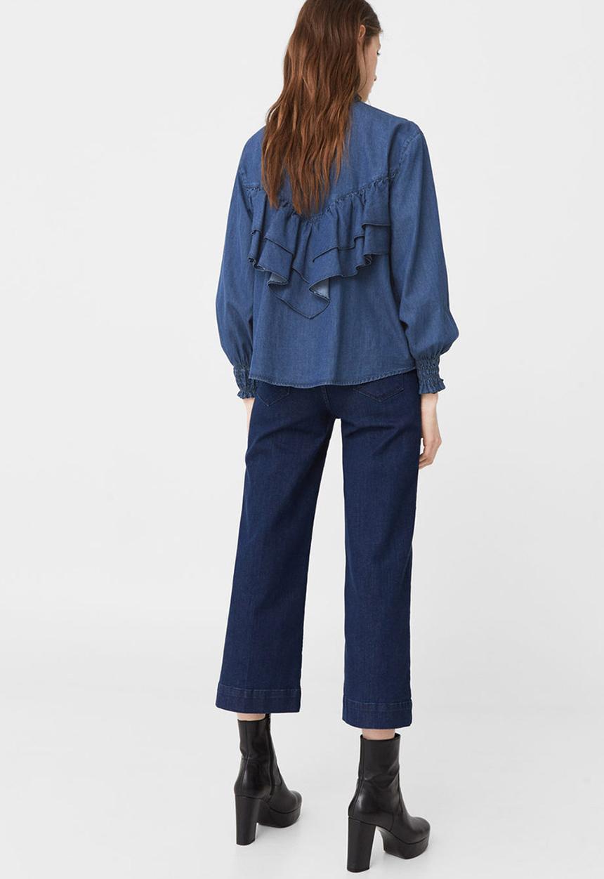 MANGO - Frilled Denim Shirt Mid Blue