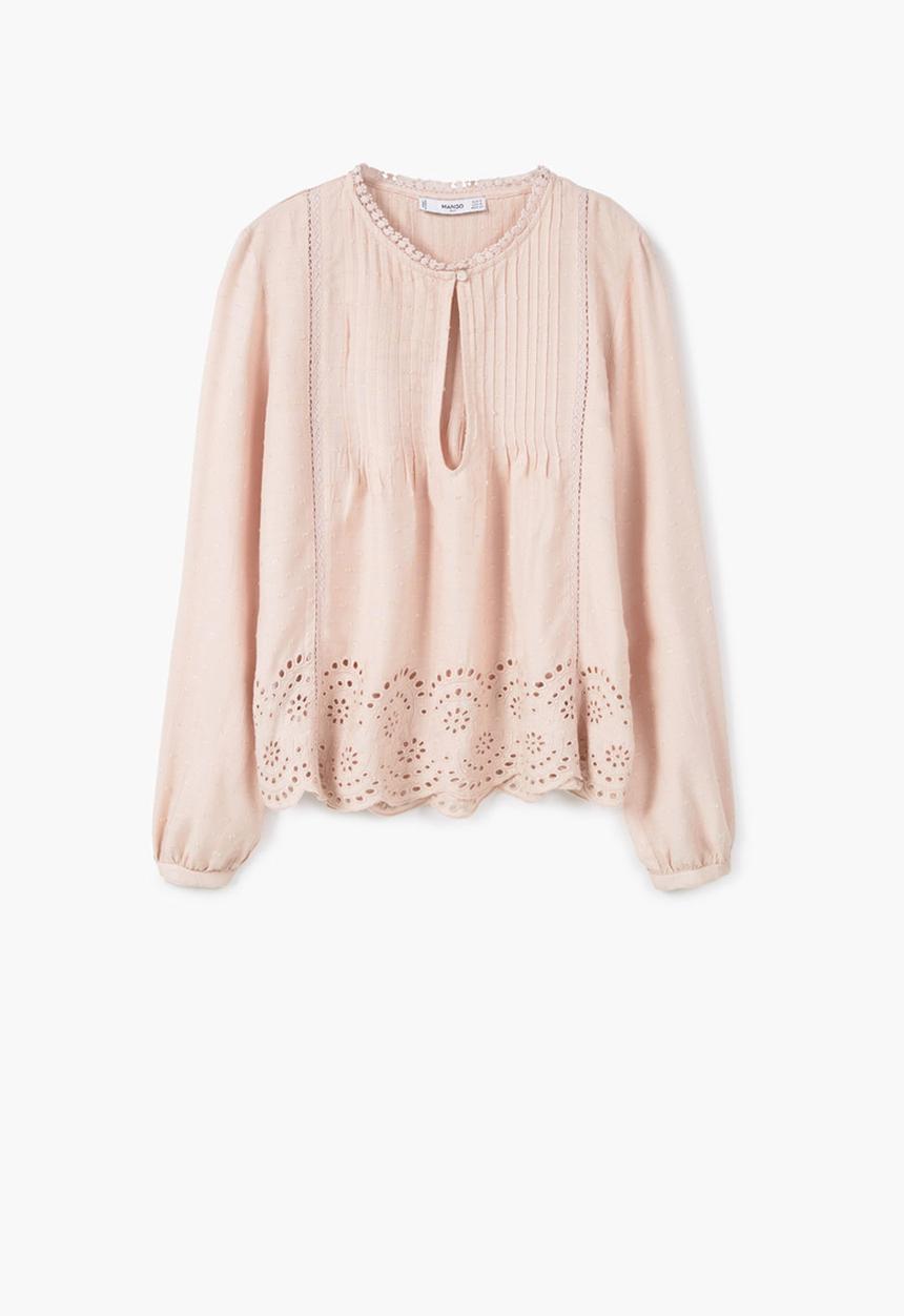 MANGO - Plaid Front-tie Blouse Pale Pink