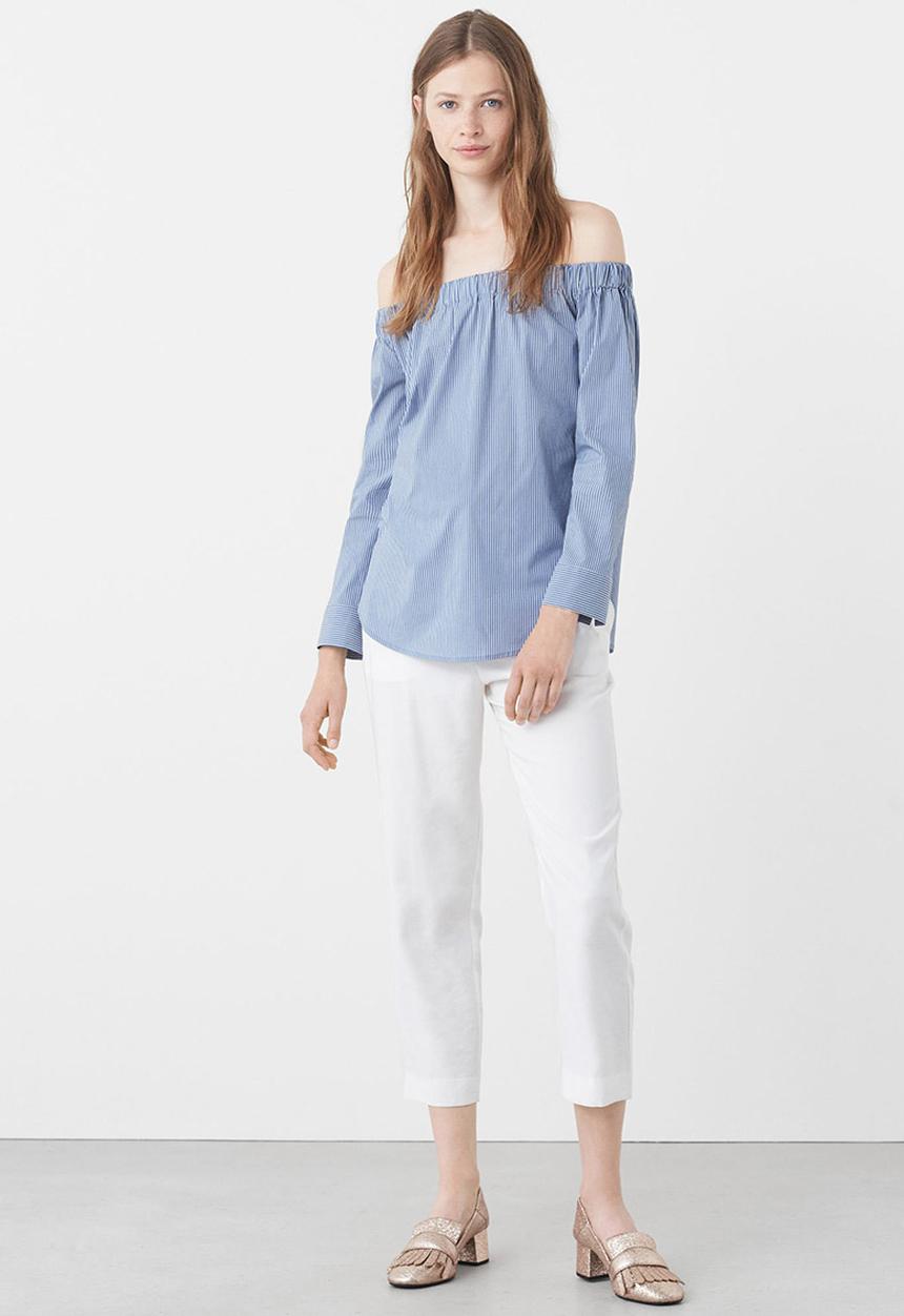 MANGO - Off-the-shoulder Striped Blouse with Button Detail Blue and White