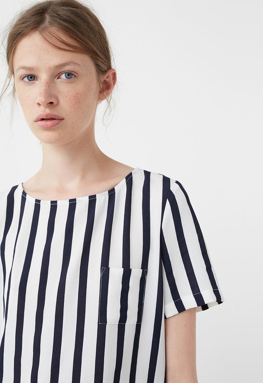 MANGO - Striped Chest-pocket Blouse Blue and White