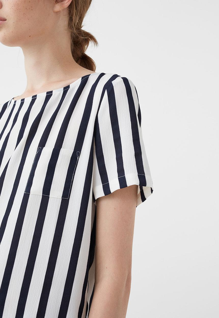 MANGO - Striped Chest-pocket Blouse Blue and White