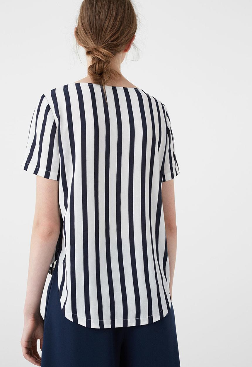 MANGO - Striped Chest-pocket Blouse Blue and White
